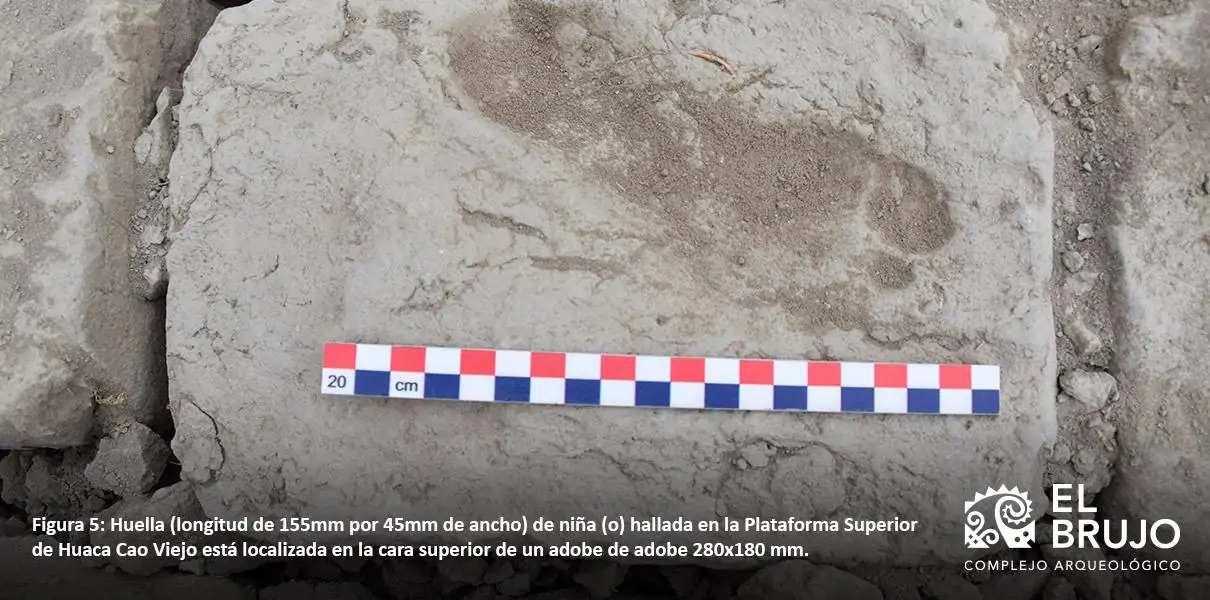 Huella de infante hallada en la plataforma superior de la Huaca Cao Viejo